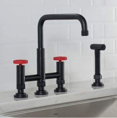 Kraus Urbixe Industrial Bridge Kitchen Faucet with Side Sprayer in Matte Black/red - Matte Black Red by Kraus
