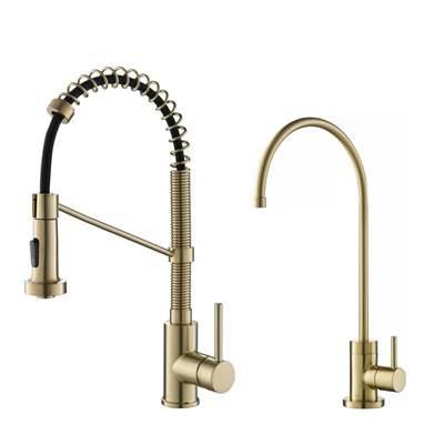 BoldenE Commercial Style Pull-Down Kitchen Faucet and PuritaE Water Filter Faucet Combo in Spot Free Antique Champagne Bronze by Kraus