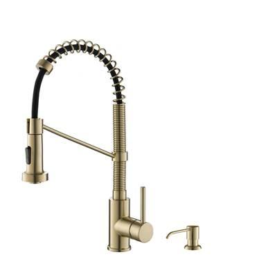 BoldenE Single Handle Commercial Kitchen Faucet with Soap Dispenser in Spot Free Antique Champagne Bronze Finish by Kraus