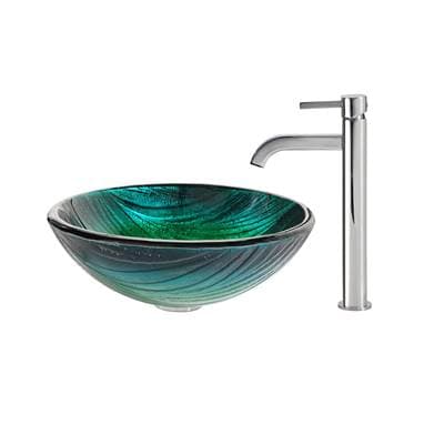 Kraus Nei Glass Vessel Sink in Green with Ramus Faucet - Chrome by Kraus