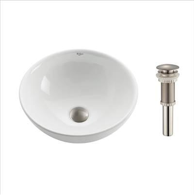 Soft Round Ceramic Vessel Bathroom Sink in White with Pop-Up Drain in Satin Nickel