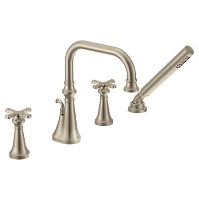 Colinet Two Handle Deck-Mount Roman Tub Faucet Trim with Cross Handles and Handshower, Valve Required, in Brushed Nickel by Moen