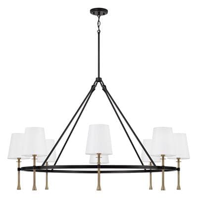 48'' W x 29.5'' H 8-Light Ring Chandelier in Matte Black with Textured Hammered Gold Tails and White Fabric Shades by Capital Lighting