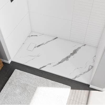 Stonea 6032 Solid Surface Universal Shower Base in White Marble with End Drain by Maax
