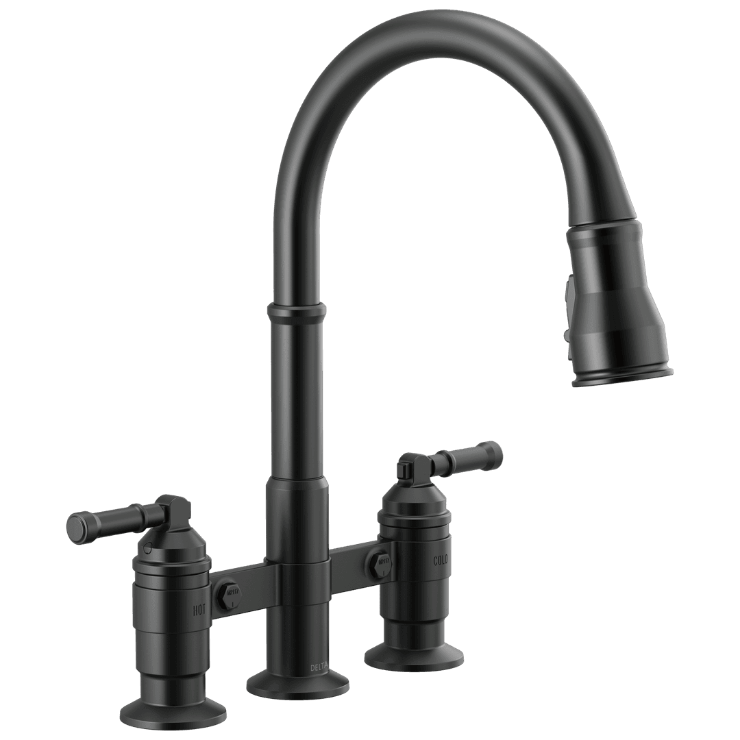 BroderickE Two Handle Pull-Down Bridge Kitchen Faucet - Matte Black by Delta Faucet