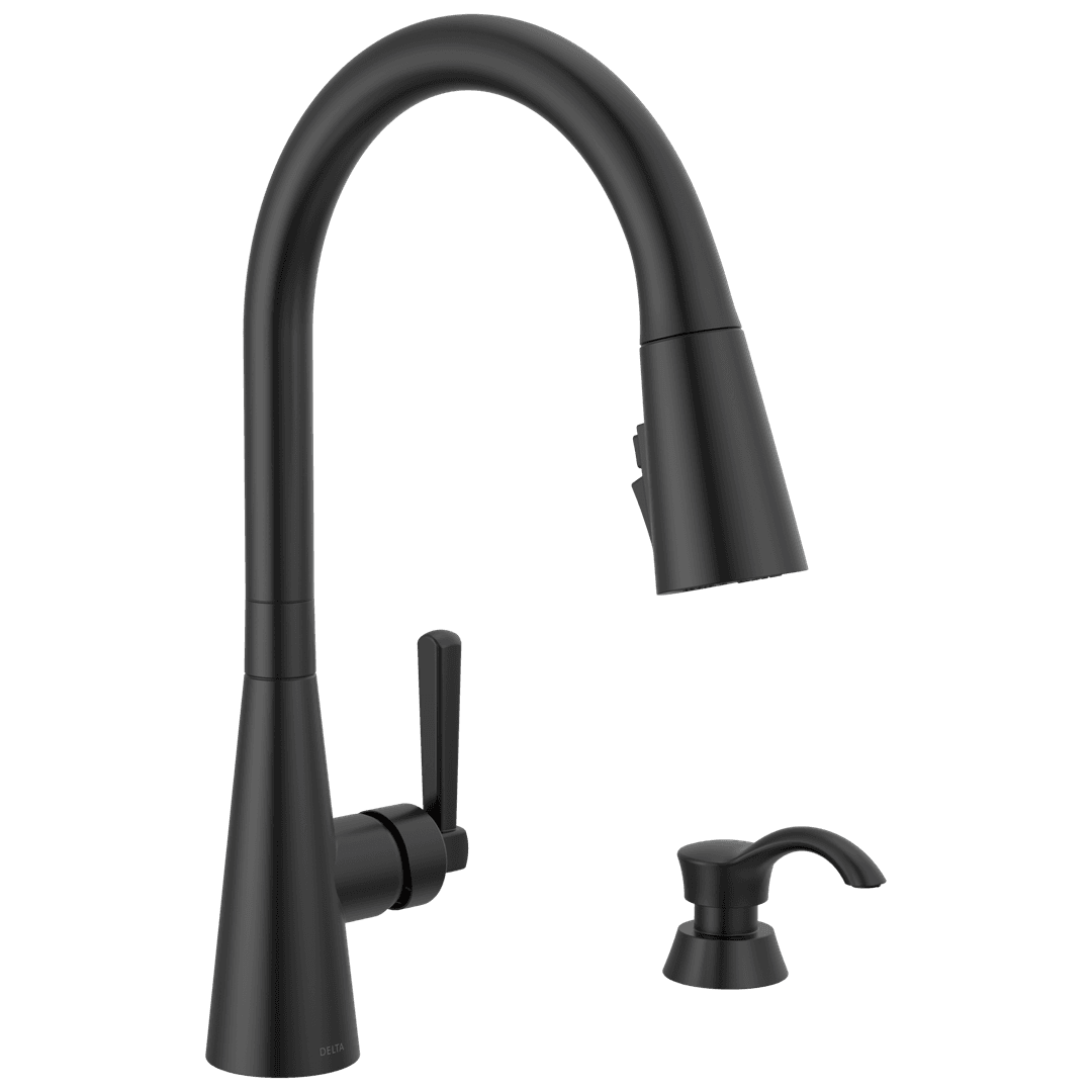 BoydE Single Handle Pull-Down Kitchen Faucet with Soap Dispenser and ShieldSpray Technology - Matte Black by Delta Faucet