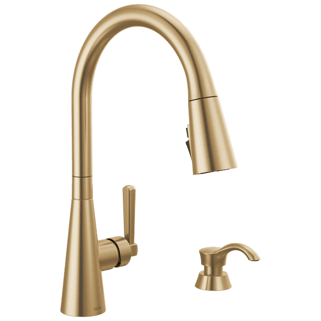 BoydE Single Handle Pull-Down Kitchen Faucet with Soap Dispenser and ShieldSpray Technology - Champagne Bronze