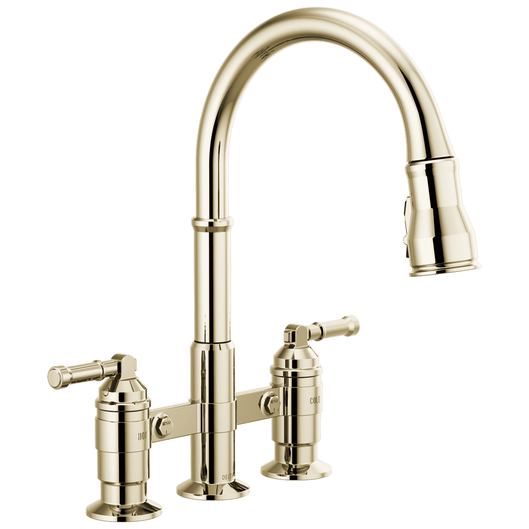 Broderick: Two Handle Pull-Down Bridge Kitchen Faucet - Polished Nickel by Delta Faucet