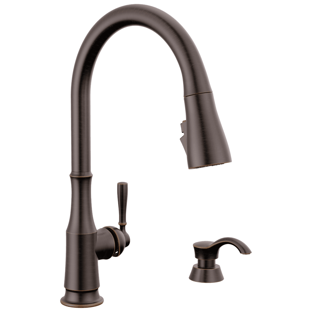 CaperteeE Single Handle Pull-Down Kitchen Faucet with Soap Dispenser and ShieldSpray Technology by Delta Faucet