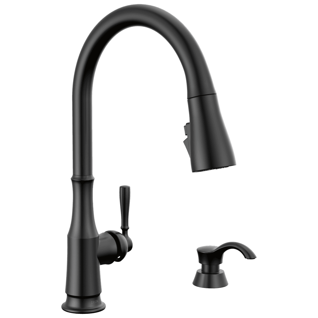 CaperteeE Single Handle Pull-Down Kitchen Faucet with Soap Dispenser and ShieldSpray Technology by Delta Faucet