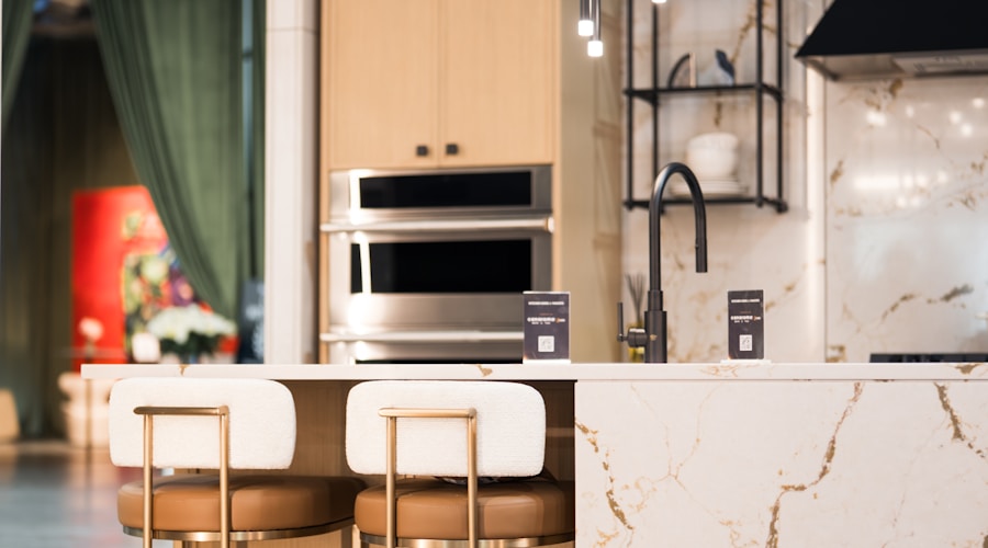 Luxury kitchen showroom with marble island and curated fixtures