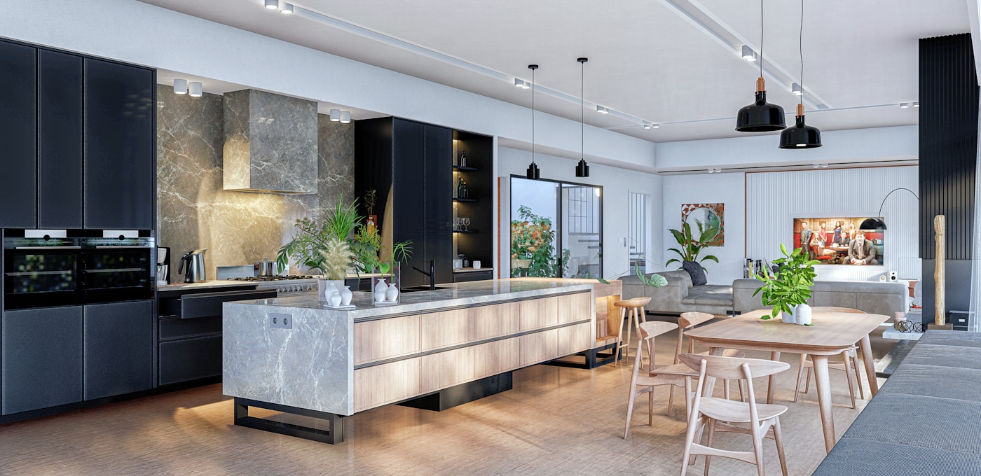 Open kitchen showroom with island seating
