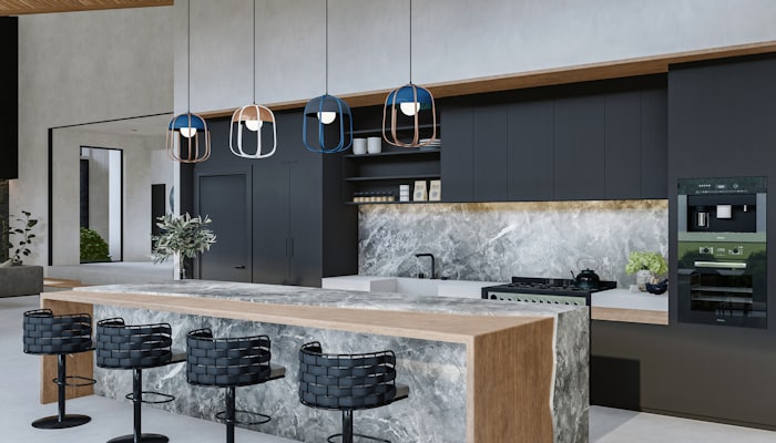 Kitchen showroom display with marble island